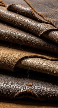 cerca arriba texturizado ver de apilado resistido y Envejecido oscuro marrón cuero con un sutil escala me gusta modelo foto