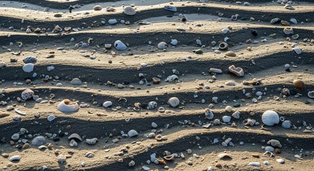 Rippled sandy beach surface with small shells and pebbles illuminated by warm sunlight creating natural textures and patterns photo