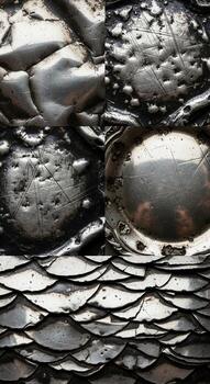 Close up view of a textured surface featuring overlapping scales and rough stones with reflective highlights photo