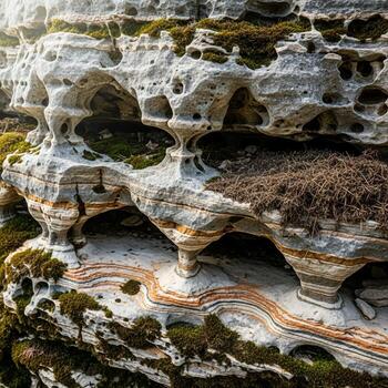 intrincado geológico formaciones escaparate resistido arenisca capas con orgánico musgo y liquen crecimiento creando único natural texturas y patrones foto