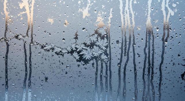 Rain drops on a window with a tree in the background photo