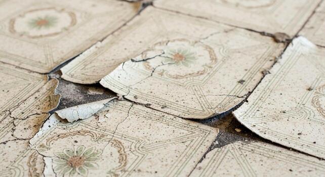 Close up view of weathered and cracked square paving stones with concentric circular patterns on their surface photo