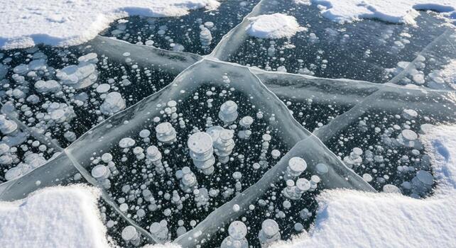 Intricate geometric patterns of frozen bubbles trapped within clear ice formations create a stunning natural abstract art photo