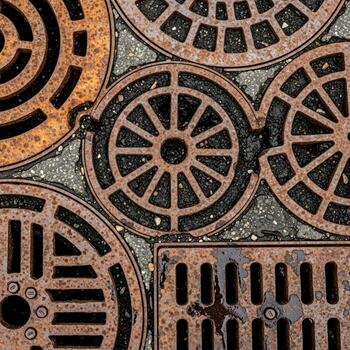 Close up view of weathered and textured metal drain covers and grates with intricate circular and rectangular patterns photo