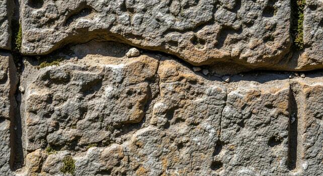 Close up textured view of ancient weathered stone blocks with visible cracks and mossy green patches highlighting their age and history photo