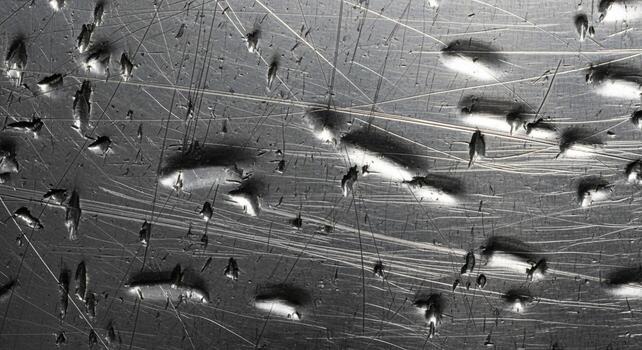 Macro view of water droplets clinging to a scratched metallic surface with fine linear textures and reflections photo
