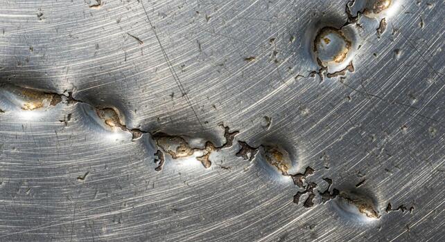 Close up abstract macro view of textured metallic surface with circular indentations and swirling brushed patterns photo