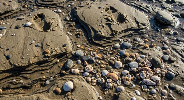 intrincado patrones de arena y guijarros revelar el dinámica texturas de un de marea plano a bajo marea foto