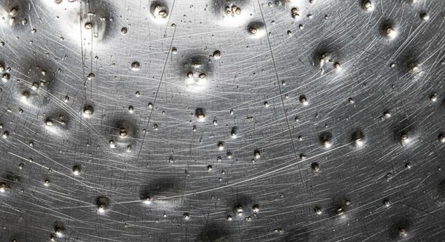 Close up abstract macro view of water droplets on a brushed metallic surface with circular scratch patterns photo