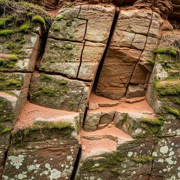 Weathered sandstone cliff face with intricate cracks and patches of vibrant green moss and lichen creating a natural abstract pattern photo