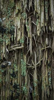 Intricate close up view of weathered tree bark revealing a complex tapestry of natural textures and organic patterns in muted earthy tones photo