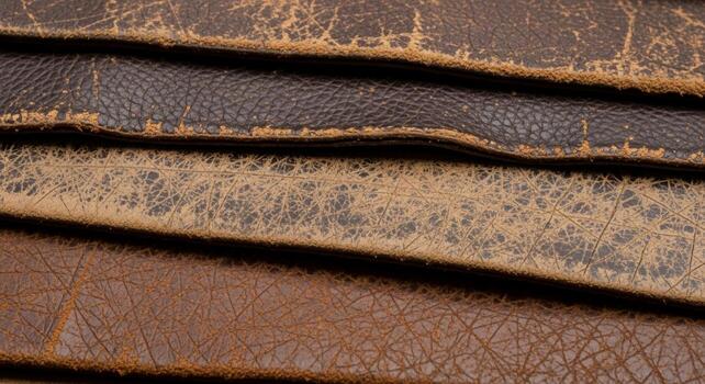 Close up abstract view of weathered and textured leather straps showing rich brown hues and subtle variations in grain patterns photo