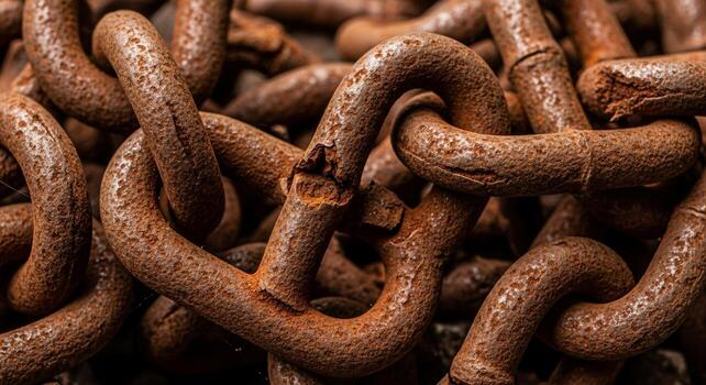 Close up texture of weathered and corroded metal chain links showing signs of age and rust accumulation photo