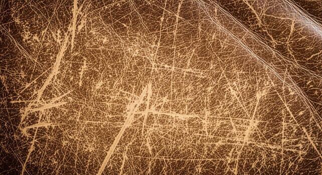 Close up abstract view of weathered and scratched brown leather texture with subtle light reflections highlighting its aged character photo