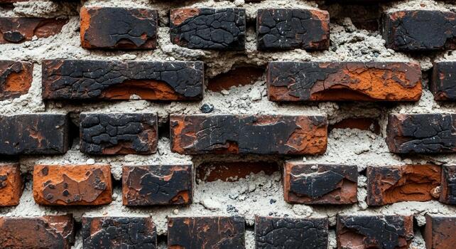Close up textured view of weathered and aged red bricks with rough mortar in a detailed architectural background photo