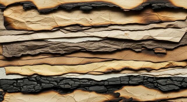 A close up macro view of stacked burnt and aged paper showing textured layers and charred edges photo
