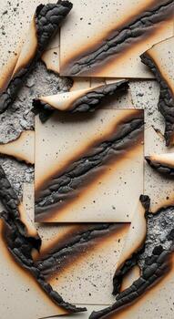 Abstract arrangement of charred paper edges and burnt textures creating a dramatic textured background with a sense of decay and history photo