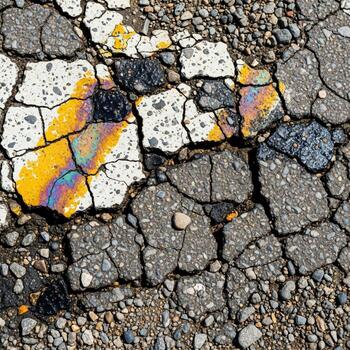 Cracked asphalt surface with vibrant iridescent oil slick patterns reflecting sunlight creating a colorful abstract texture photo