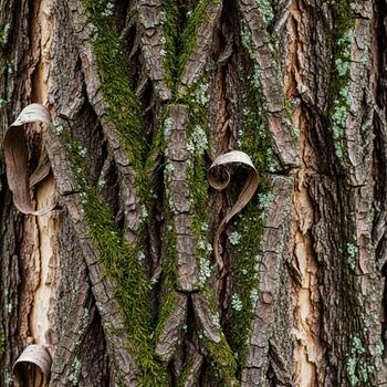 Close up textured view of rough tree bark with patches of green moss and peeling layers revealing natural organic patterns photo