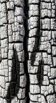 Close up view of the deeply cracked and charred bark of a burnt tree trunk revealing intricate textures and patterns photo