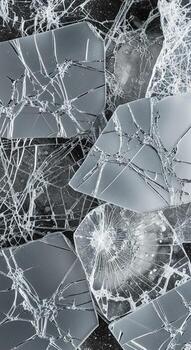 Close up abstract view of shattered glass with intricate web like cracks and sharp fragments reflecting light photo