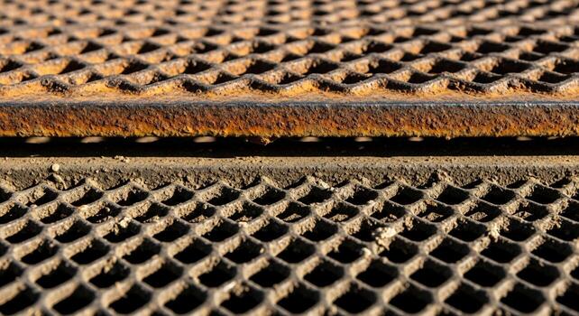 Close up abstract view of weathered rusty metal grating with a textured diamond pattern and a horizontal bar photo