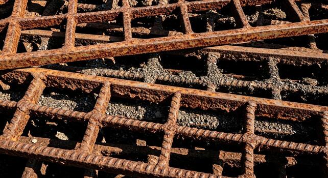 Close up view of weathered rusty metal grates with a grid pattern showing signs of decay and industrial texture photo