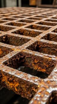 cerca arriba de un resistido y oxidado metal rallar con un repitiendo geométrico modelo y texturizado superficie foto