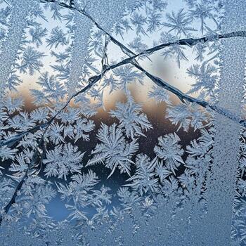 intrincado escarcha patrones adornar un cristal de ventana con un suavemente borroso amanecer en el antecedentes foto