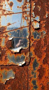 Close up abstract view of heavily rusted metal surface with peeling paint revealing layers of texture and color photo