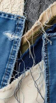 Abstract textile art featuring distressed denim patches and textured fabrics with loose threads photo