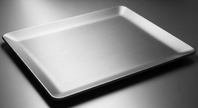 A clean empty rectangular silver baking sheet with raised edges sits on a dark reflective surface photo