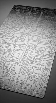 Intricate abstract pattern mimicking a complex circuit board design with a metallic sheen photo