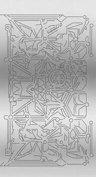 Intricate geometric pattern design featuring intersecting lines and angular shapes on a metallic surface photo