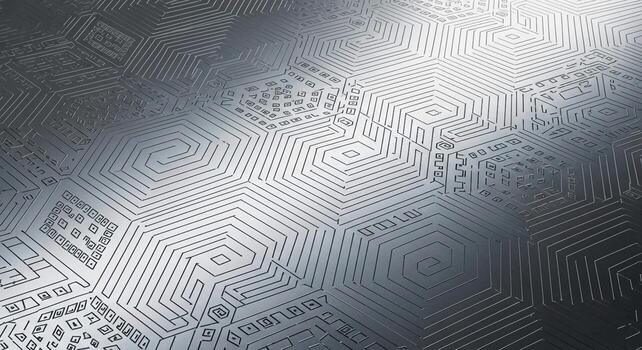 intrincado geométrico patrones grabado sobre un texturizado metálico superficie con sutil ligero reflexiones y oscuridad creando profundidad foto