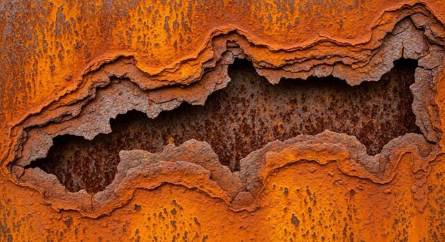 Close up abstract view of weathered and corroded metal with a textured surface and a large hole photo