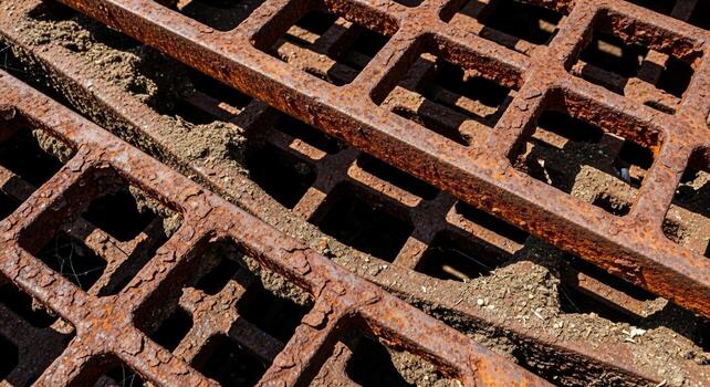 Close up view of weathered and rusted diamond patterned metal grating with a textured surface and deep shadows photo