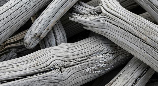 Close up view of weathered sun bleached driftwood pieces with intricate textures and organic shapes creating a natural abstract pattern photo