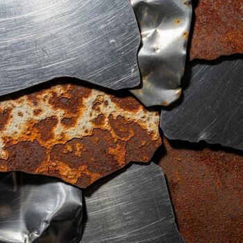 Close up abstract texture of rough weathered metal and a striking piece of reddish brown rock with speckled patterns photo
