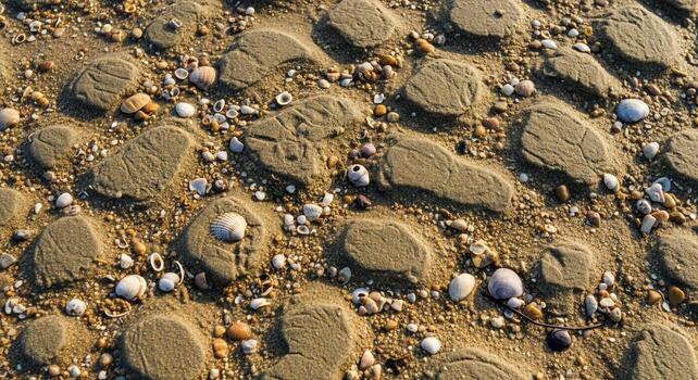 Close up view of a textured beach with smooth rounded pebbles and small shells scattered across the sand photo