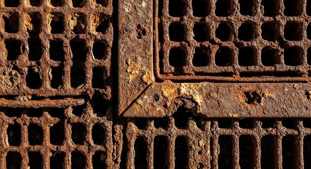 Close up of heavily rusted metal grate with intricate grid patterns and textured surface showing signs of decay and age photo