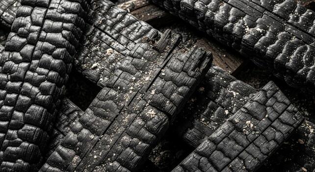 Close up abstract texture of charred wood logs showing deep cracks and rough grain patterns from intense heat photo