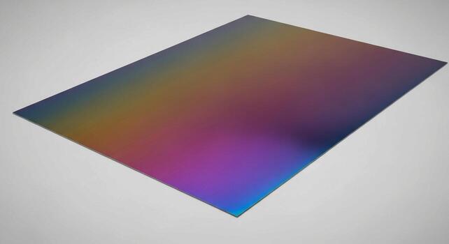 A reflective metallic sheet displays a vibrant spectrum of iridescent colors creating a mesmerizing abstract pattern on a neutral background photo