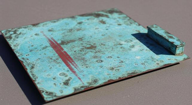 A weathered verdigris patinated copper tray with a raised rectangular handle and a subtle red accent line photo