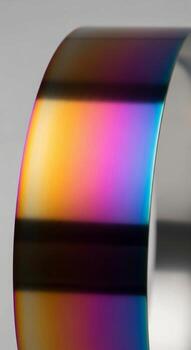 Close up abstract view of a curved metallic surface displaying a vibrant spectrum of iridescent colors and light reflections photo