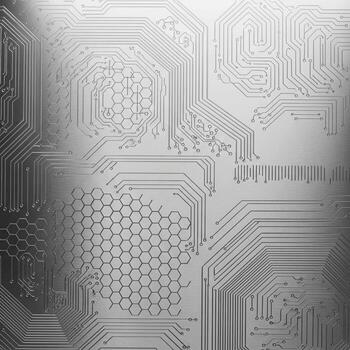 intrincado plata circuito tablero modelo con hexagonal y lineal caminos representando tecnología y conectividad foto