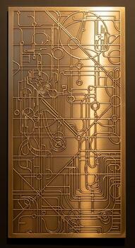 Intricate golden etching depicting a complex network of lines and geometric shapes with a metallic sheen photo