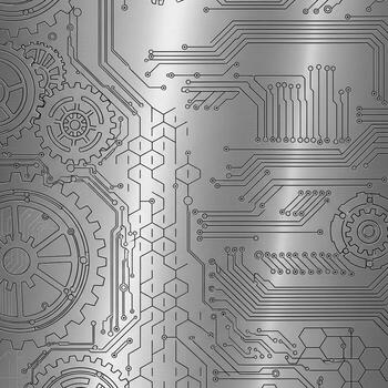 Intricate metallic circuit board design with gears and hexagonal patterns for futuristic technology backgrounds photo