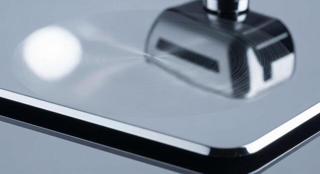 A close up abstract view of a modern chrome faucet with a bright light reflection on a gray background photo