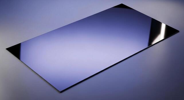 A highly polished reflective dark blue rectangular surface with sharp black edges casting subtle shadows on a textured background photo